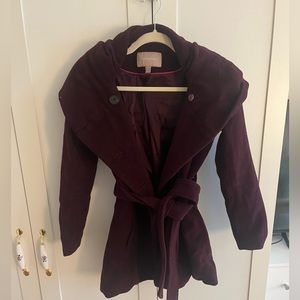 Gorgeous maroon belted wrap wool coat with big red riding hood hood
